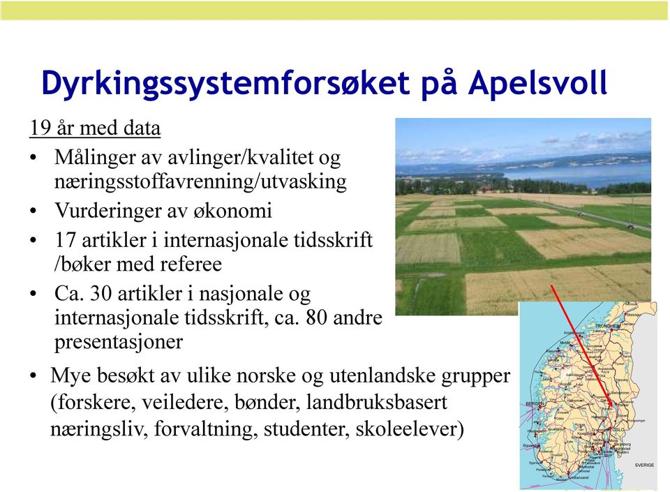 80 andre presentasjoner Mye besøkt av ulike norske og utenlandske grupper (forskere, veiledere, bønder, landbruksbasert næringsliv, forvaltning, studenter, skoleelever) Lillehammer Flåm Fagernes Voss