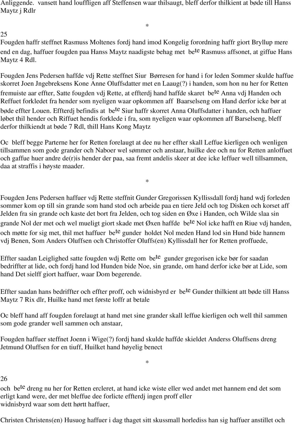 giort Bryllup mere end en dag, haffuer fougden paa Hanss Maytz naadigste behag met be te Rasmuss affsonet, at giffue Hans Maytz 4 Rdl.