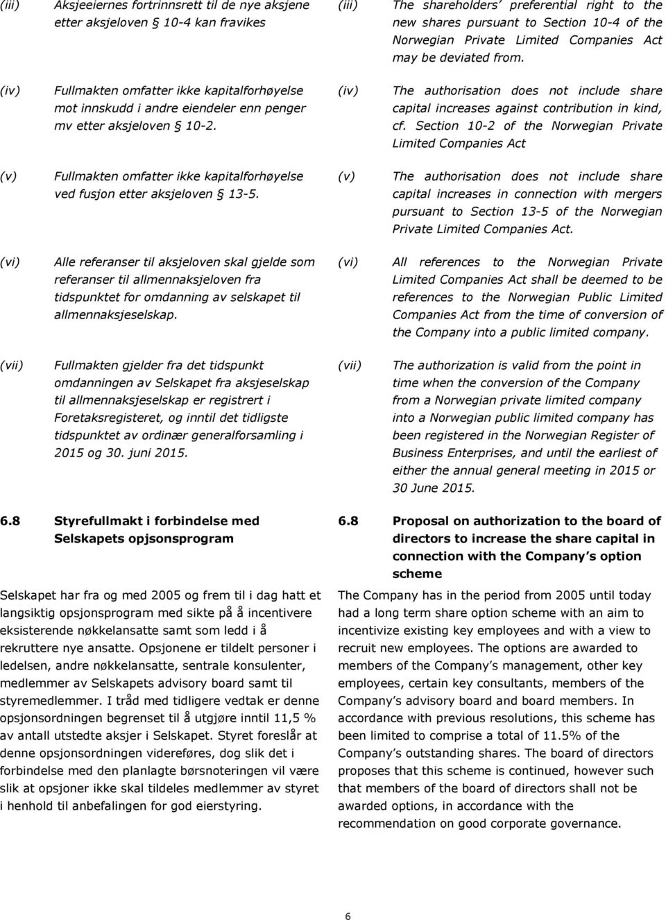 (iv) Fullmakten omfatter ikke kapitalforhøyelse (iv) The authorisation does not include share mot innskudd i andre eiendeler enn penger capital increases against contribution in kind, mv etter