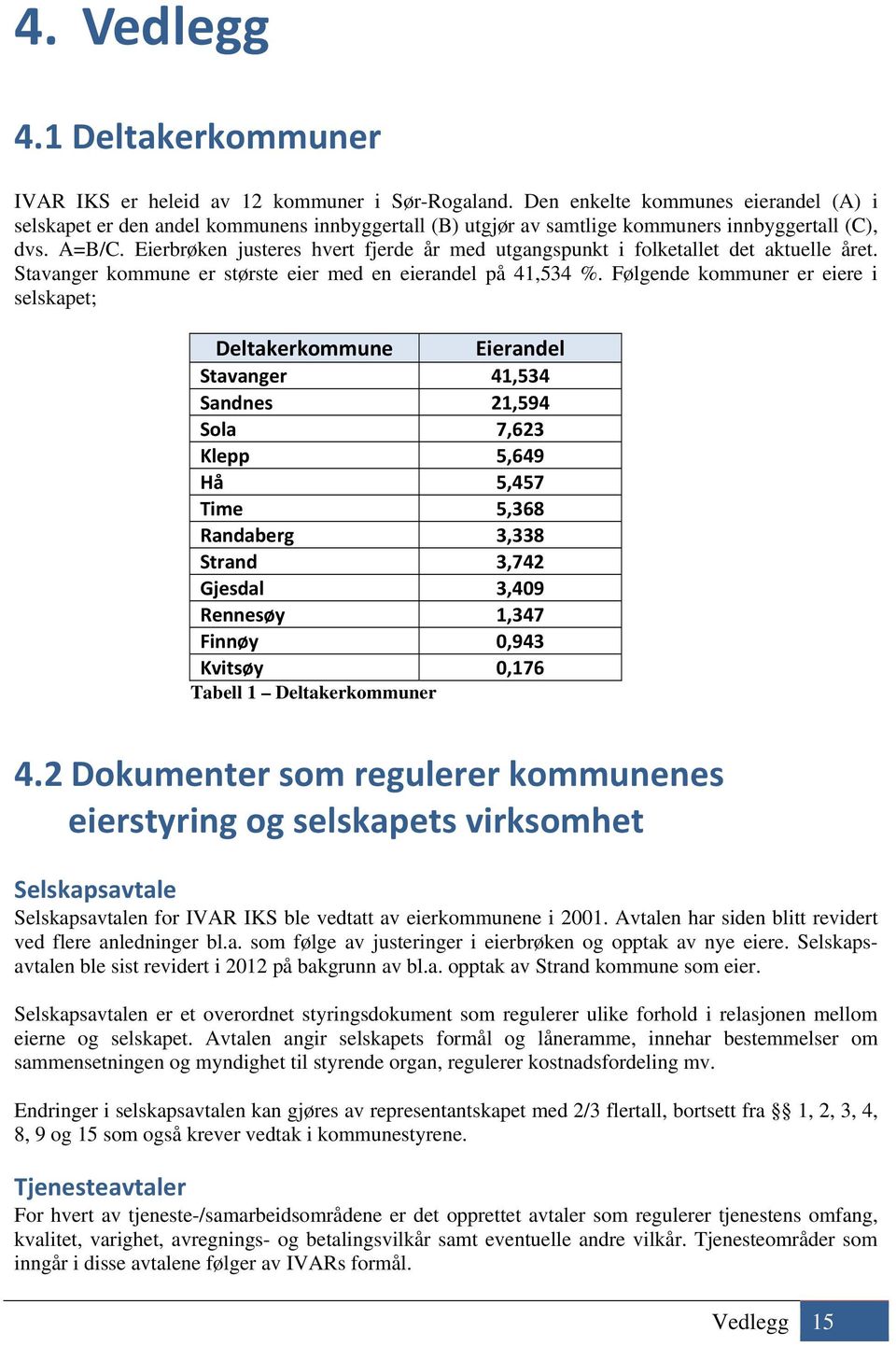 Eierbrøken justeres hvert fjerde år med utgangspunkt i folketallet det aktuelle året. Stavanger kommune er største eier med en eierandel på 41,534 %.