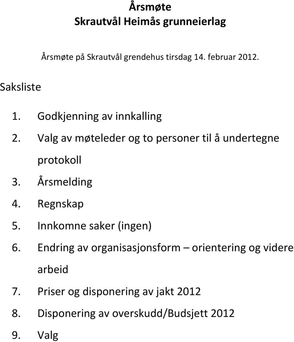 Valg av møteleder og to personer til å undertegne protokoll 3. Årsmelding 4. Regnskap 5.