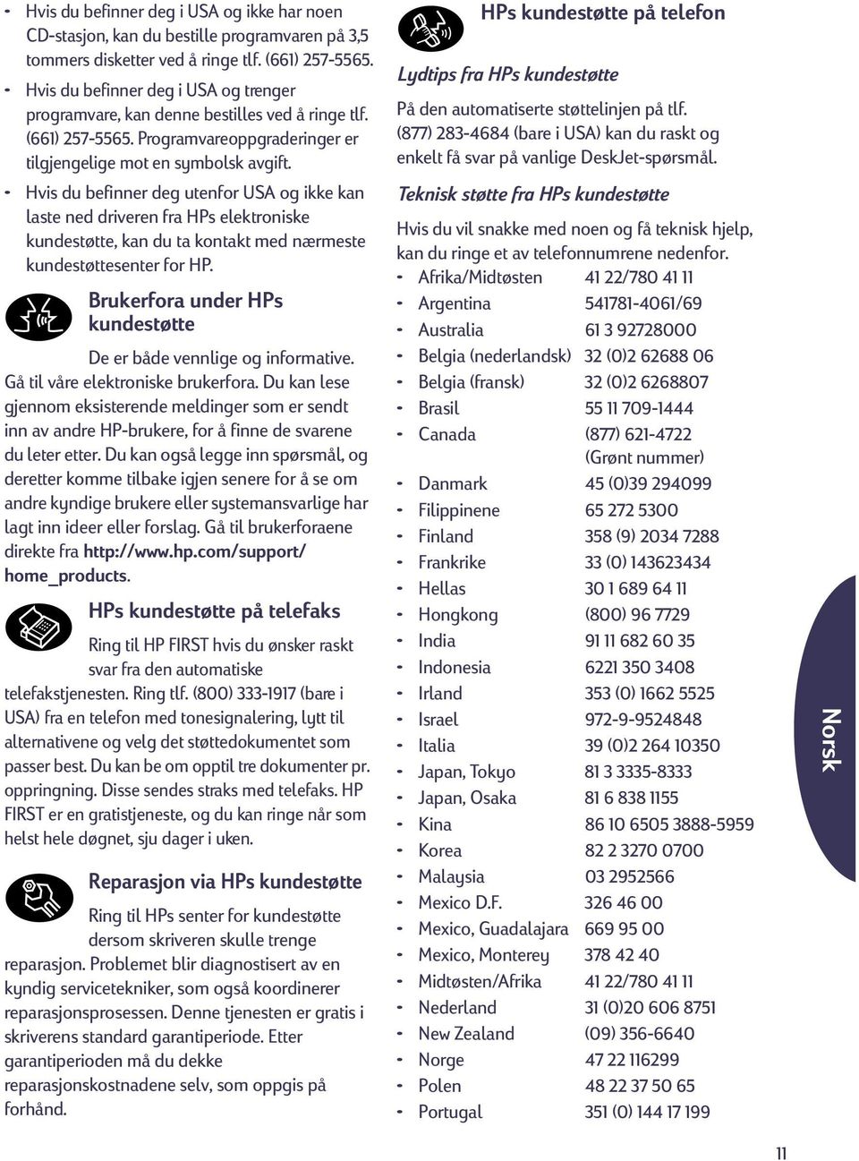 Hvis du befinner deg utenfor USA og ikke kan laste ned driveren fra HPs elektroniske kundestøtte, kan du ta kontakt med nærmeste kundestøttesenter for HP.