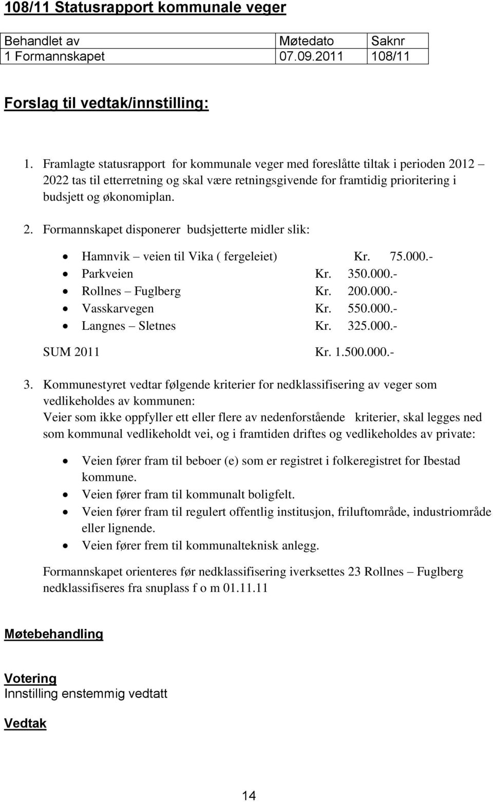 75.000.- Parkveien Kr. 350.000.- Rollnes Fuglberg Kr. 200.000.- Vasskarvegen Kr. 550.000.- Langnes Sletnes Kr. 325.000.- SUM 2011 Kr. 1.500.000.- 3.