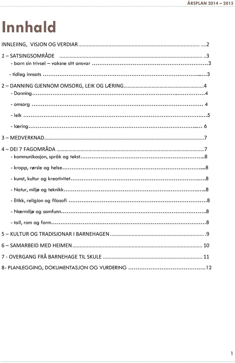 ..7 4 DEI 7 FAGOMRÅDA 7 - kommunikasjon, språk og tekst..8 - kropp, rørsle og helse...8 - kunst, kultur og kreativitet..8 - Natur, miljø og teknikk.