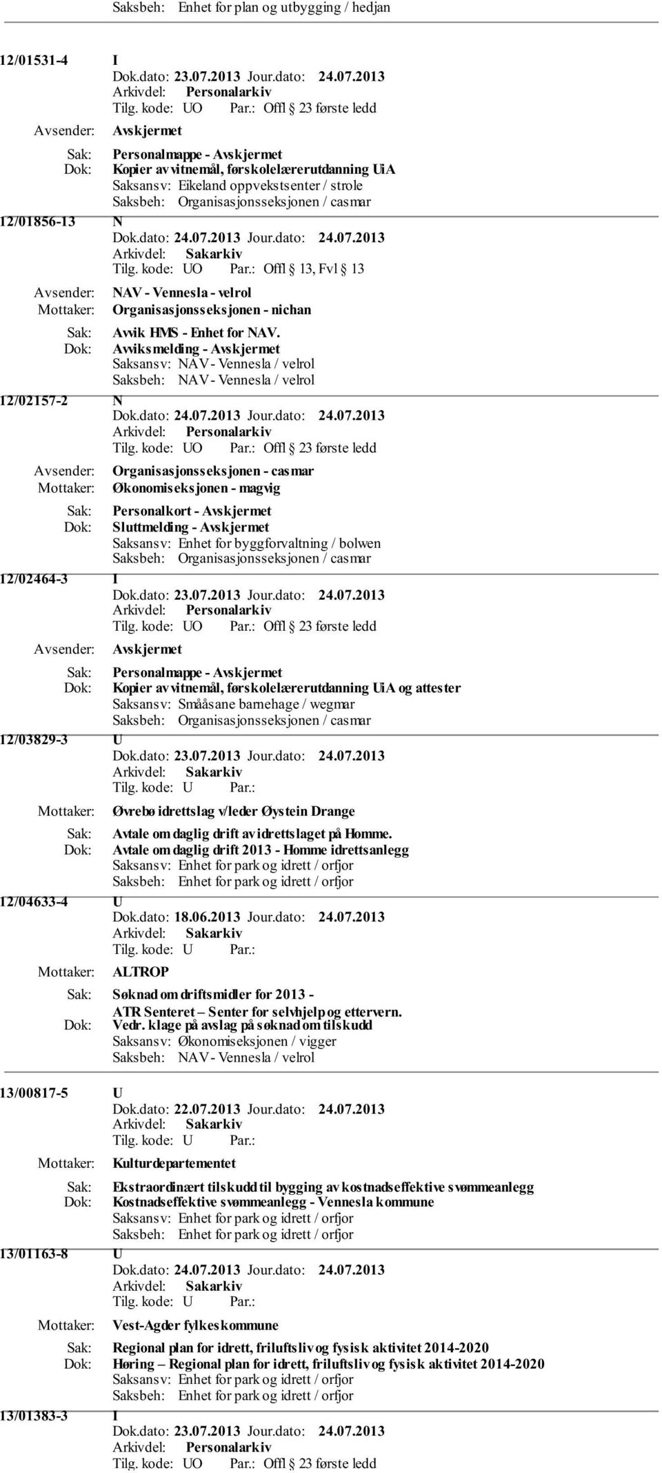 Avviksmelding - Saksansv: NAV - Vennesla / velrol Saksbeh: NAV - Vennesla / velrol 12/02157-2 N Organisasjonsseksjonen - casmar Økonomiseksjonen - magvig Personalkort - Sluttmelding - Saksansv: Enhet