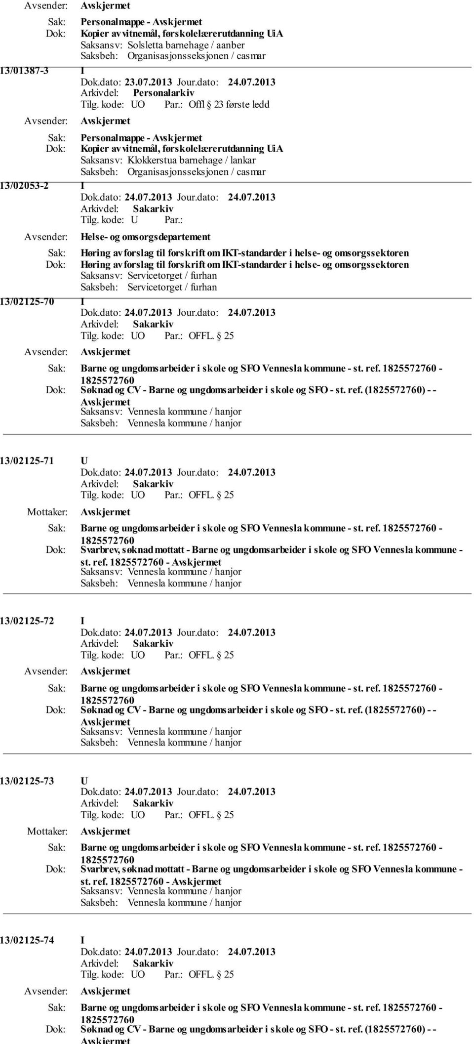 og omsorgssektoren Saksansv: Servicetorget / furhan Saksbeh: Servicetorget / furhan 13/02125-70 I Barne og ungdomsarbeider i skole og SFO Vennesla kommune - st. ref.