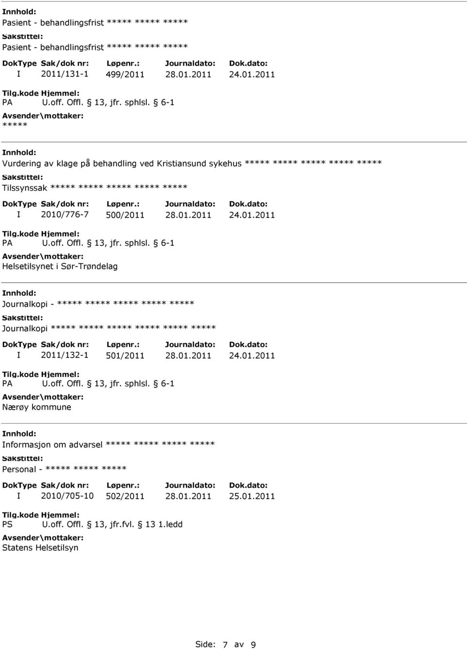 6-1 Helsetilsynet i Sør-Trøndelag Journalkopi - Journalkopi 2011/132-1 501/2011.off. Offl. 13, jfr. sphlsl.