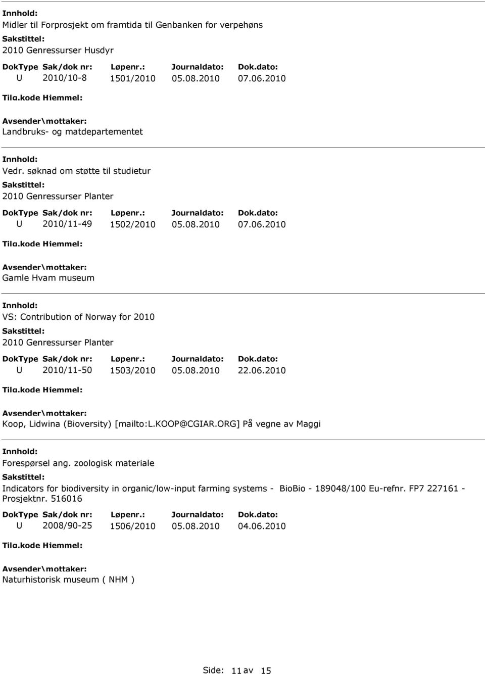 2010 Gamle Hvam museum VS: Contribution of Norway for 2010 2010 Genressurser Planter 2010/11-50 1503/2010 22.06.2010 Koop, Lidwina (Bioversity) [mailto:l.koop@cgar.