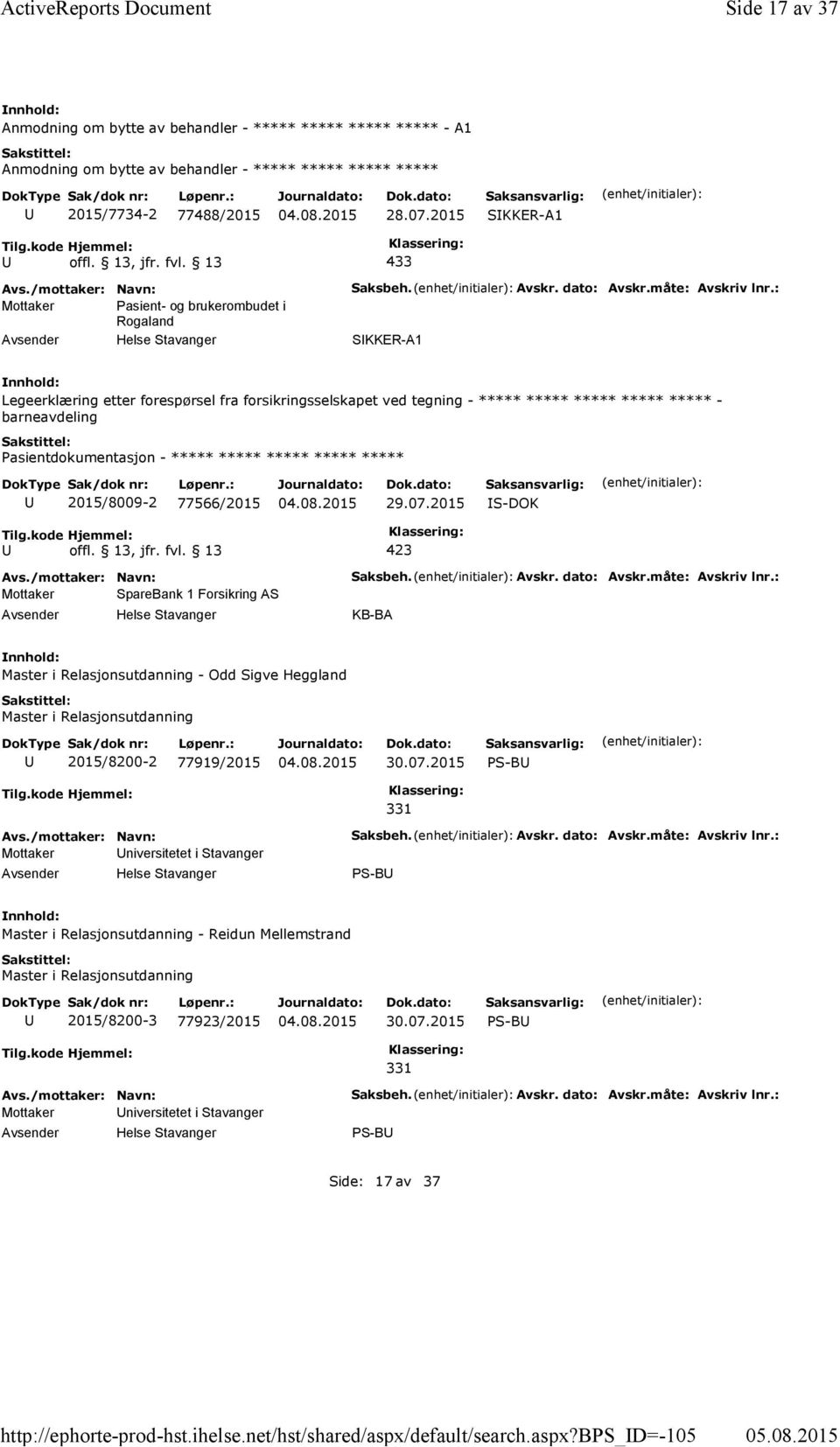 2015 SKKER-A1 offl. 13, jfr. fvl. 13 433 Mottaker Pasient-og brukerombudet i Rogaland Saksbeh. Avskr. dato: Avskr.måte: Avskriv lnr.