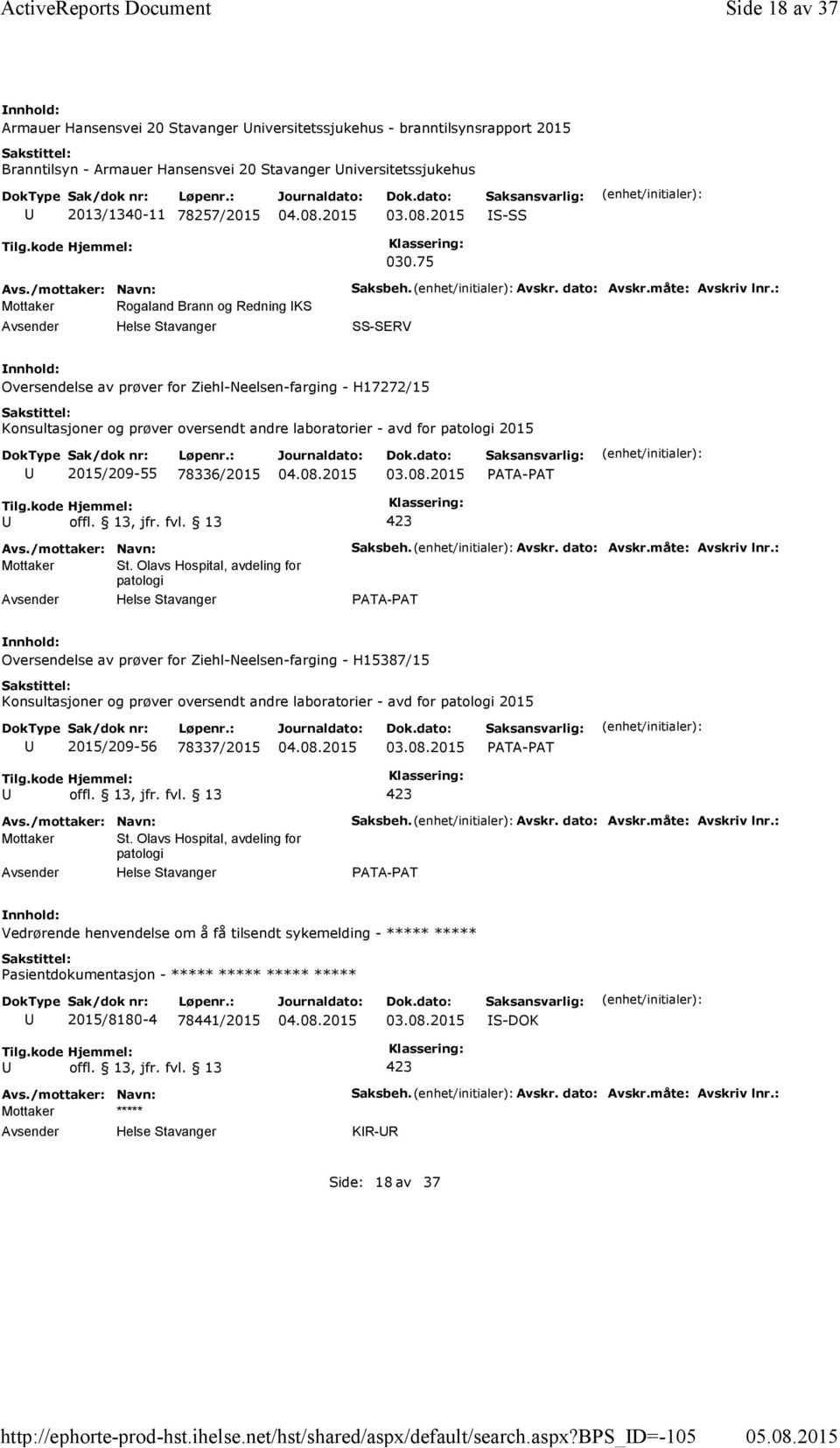 bps_d=-105 Side 18 av 37 Armauer Hansensvei 20 Stavanger niversitetssjukehus - branntilsynsrapport 2015 Branntilsyn - Armauer Hansensvei 20 Stavanger niversitetssjukehus 2013/1340-11 78257/2015 03.08.