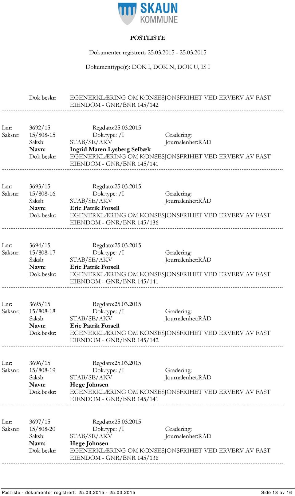type: /I Gradering: Eric Patrik Forsell EIENDOM - GNR/BNR 145/141 Lnr: 3695/15 Regdato:25.03.2015 Saksnr: 15/808-18 Dok.