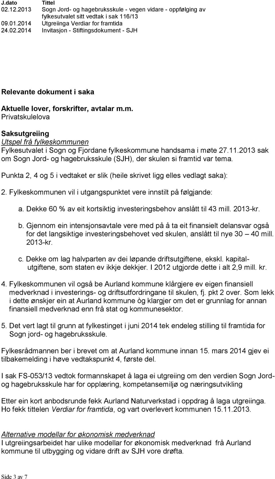 2013 sak om Sogn Jord- og hagebruksskule (SJH), der skulen si framtid var tema. Punkta 2, 4 og 5 i vedtaket er slik (heile skrivet ligg elles vedlagt saka): 2.