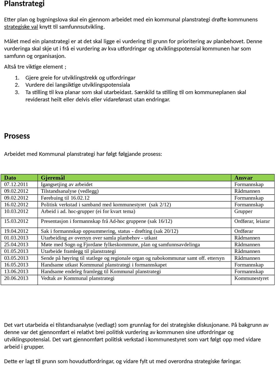 Denne vurderinga skal skje ut i frå ei vurdering av kva utfordringar og utviklingspotensial kommunen har som samfunn og organisasjon. Altså tre viktige element ; 1.