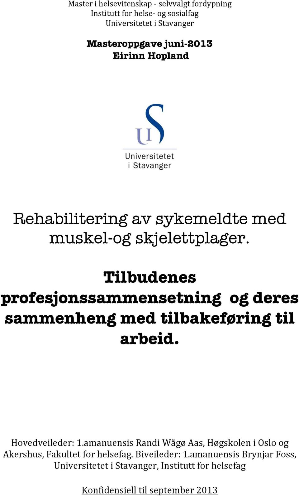 Tilbudenes profesjonssammensetning og deres sammenheng med tilbakeføring til arbeid. Hovedveileder:1.