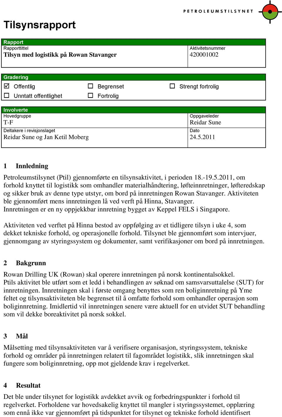 2011 Dato 1 Innledning Petroleumstilsynet (Ptil) gjennomførte en tilsynsaktivitet, i perioden 18.-19.5.