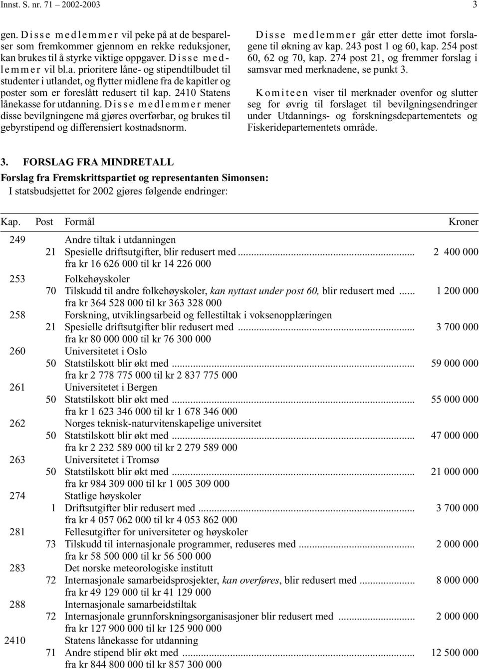 2410 Statens lånekasse for utdanning. Disse medlemmer mener disse bevilgningene må gjøres overførbar, og brukes til gebyrstipend og differensiert kostnadsnorm.