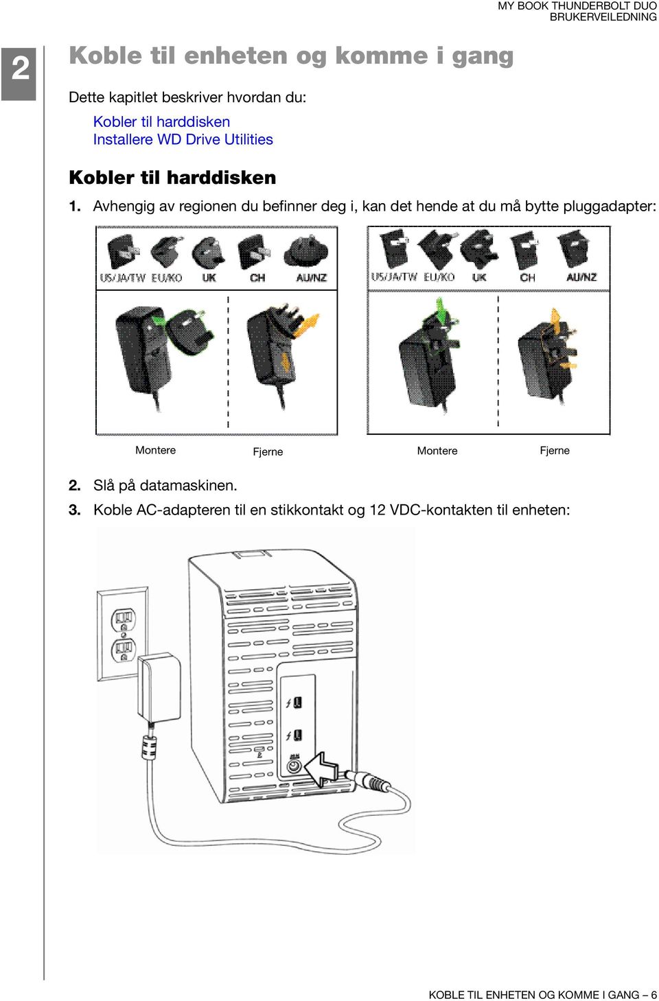 Avhengig av regionen du befinner deg i, kan det hende at du må bytte pluggadapter: Montere Fjerne