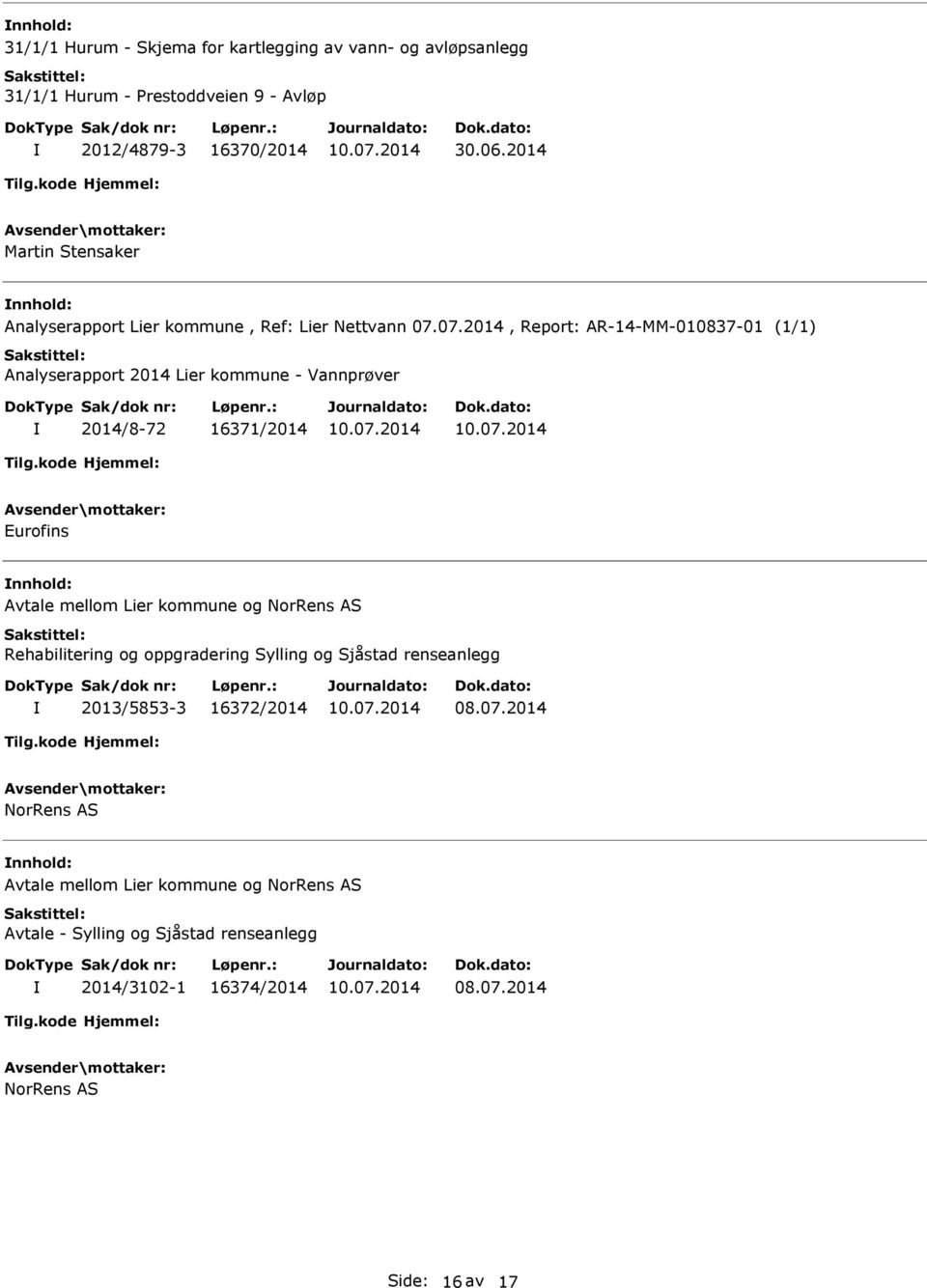 07.2014, Report: AR-14-MM-010837-01 (1/1) Analyserapport 2014 Lier kommune - Vannprøver 2014/8-72 16371/2014 Eurofins Avtale mellom Lier kommune