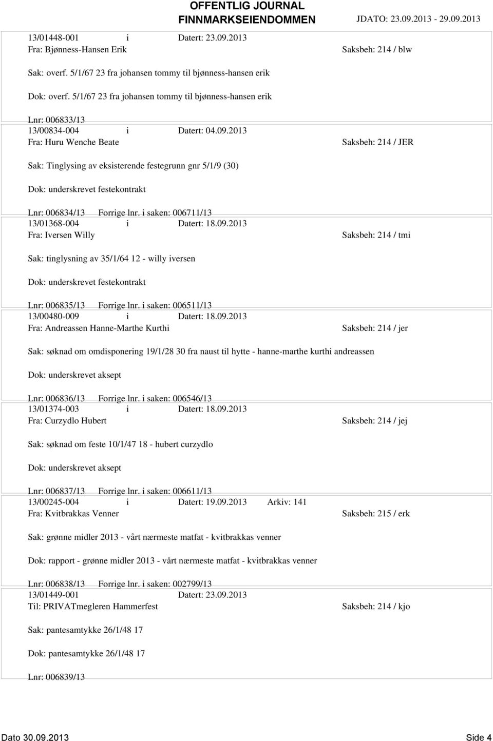 2013 Fra: Huru Wenche Beate Saksbeh: 214 / JER Sak: Tinglysing av eksisterende festegrunn gnr 5/1/9 (30) Dok: underskrevet festekontrakt Lnr: 006834/13 Forrige lnr.