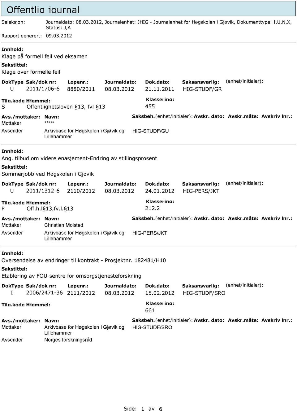 tilbud om videre enasjement-endring av stillingsprosent ommerjobb ved Høgskolen i Gjøvik 2011/1312-6 2110/2012 24.01.2012 HG-PER/JKT P Off.h.l 13,fv.l. 13 212.2 Avs./mottaker: Navn: aksbeh. Avskr.