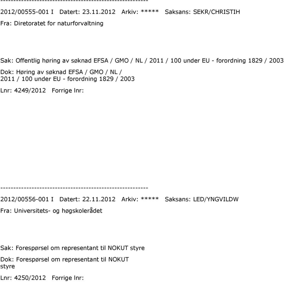 100 under EU - forordning 1829 / 2003 Dok: Høring av søknad EFSA / GMO / NL / 2011 / 100 under EU - forordning 1829 / 2003 Lnr: 4249/2012