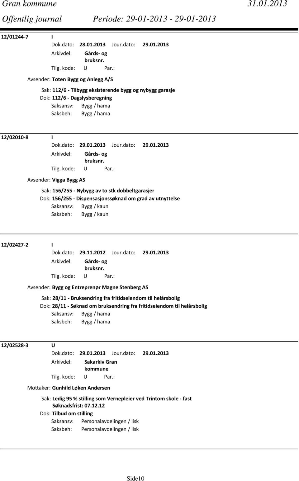 Avsender: Vigga Bygg AS Sak: 156/255 Nybygg av to stk dobbeltgarasjer Dok: 156/255 Dispensasjonssøknad om grad av utnyttelse Saksansv: Bygg / kaun Saksbeh: Bygg / kaun 12/02427 2 I Dok.dato: 29.11.