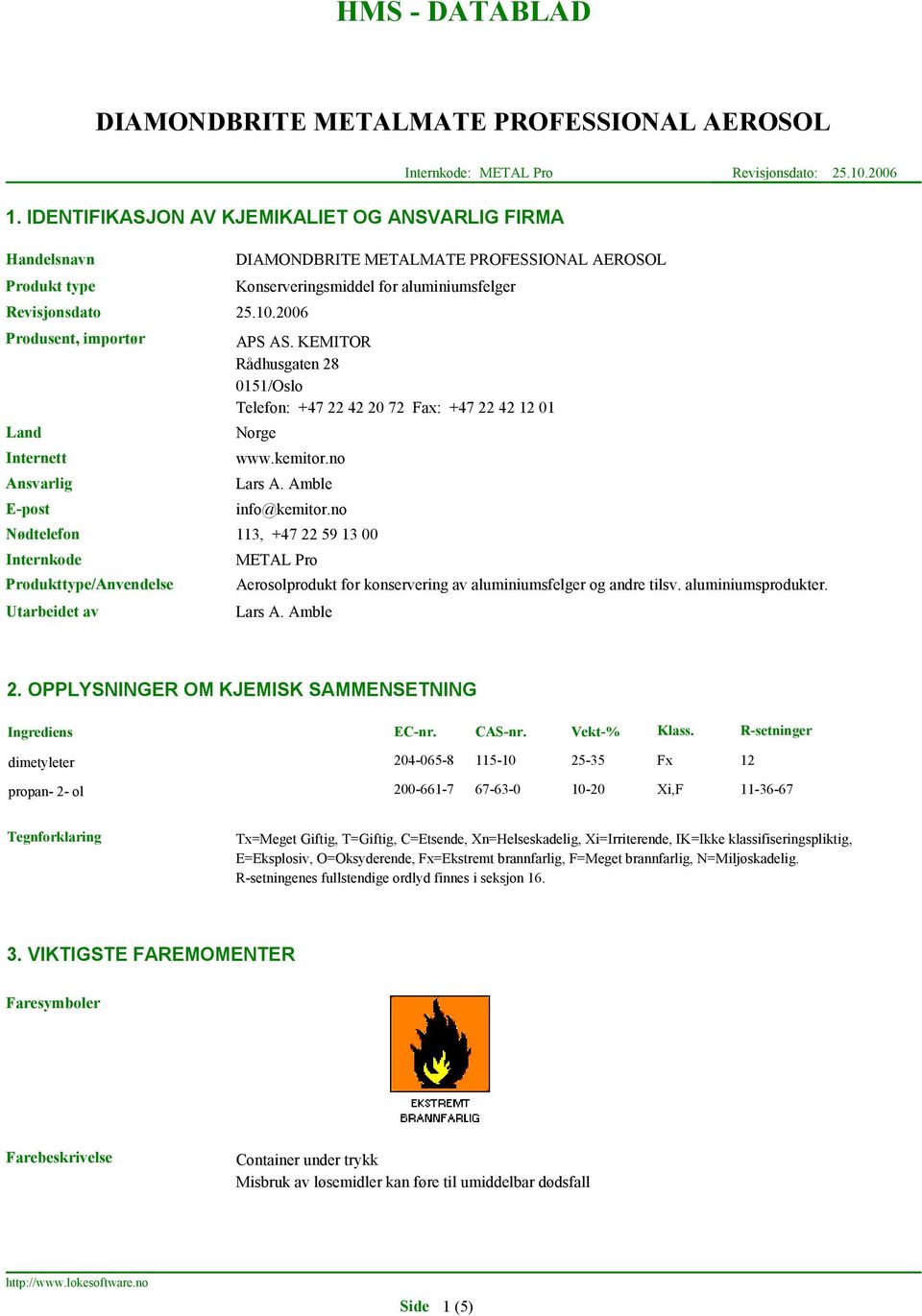 2006 Produsent, importør Land Internett Ansvarlig E-post Nødtelefon Internkode Produkttype/Anvendelse Utarbeidet av Konserveringsmiddel for aluminiumsfelger APS AS.