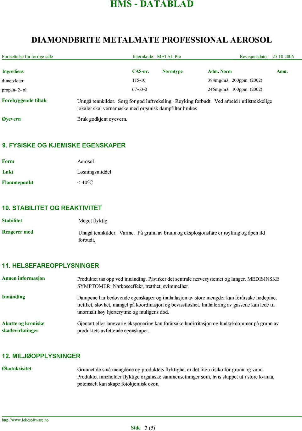 FYSISKE OG KJEMISKE EGENSKAPER Form Lukt Flammepunkt Aerosol Løsningsmiddel <-40 C 10. STABILITET OG REAKTIVITET Stabilitet Reagerer med Meget flyktig. Unngå tennkilder. Varme.