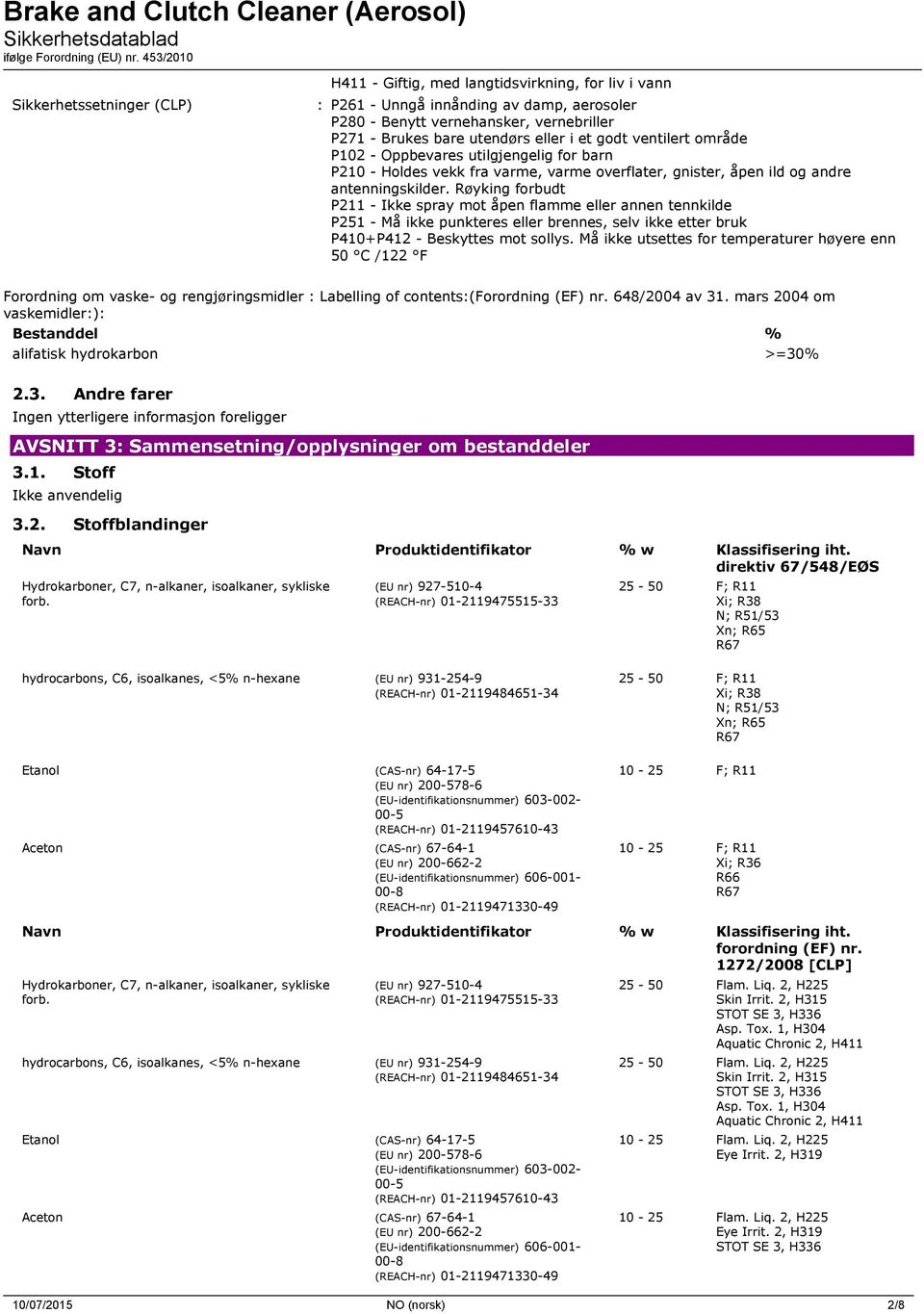 Røyking forbudt P211 - Ikke spray mot åpen flamme eller annen tennkilde P251 - Må ikke punkteres eller brennes, selv ikke etter bruk P410+P412 - Beskyttes mot sollys.