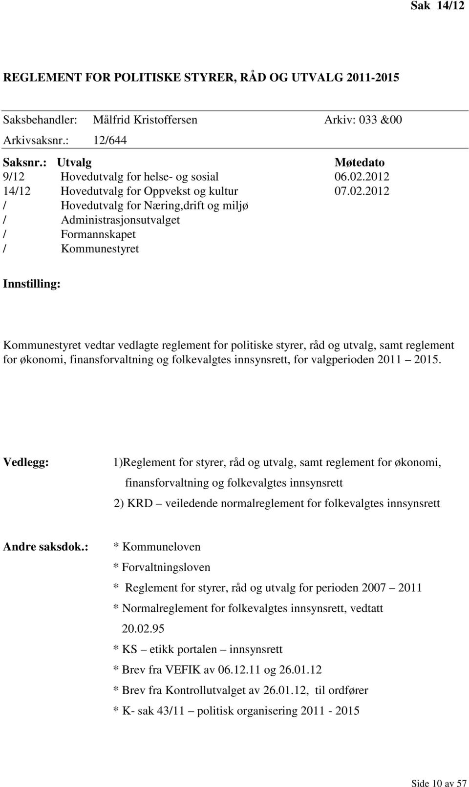 2012 14/12 Hovedutvalg for Oppvekst og kultur 07.02.