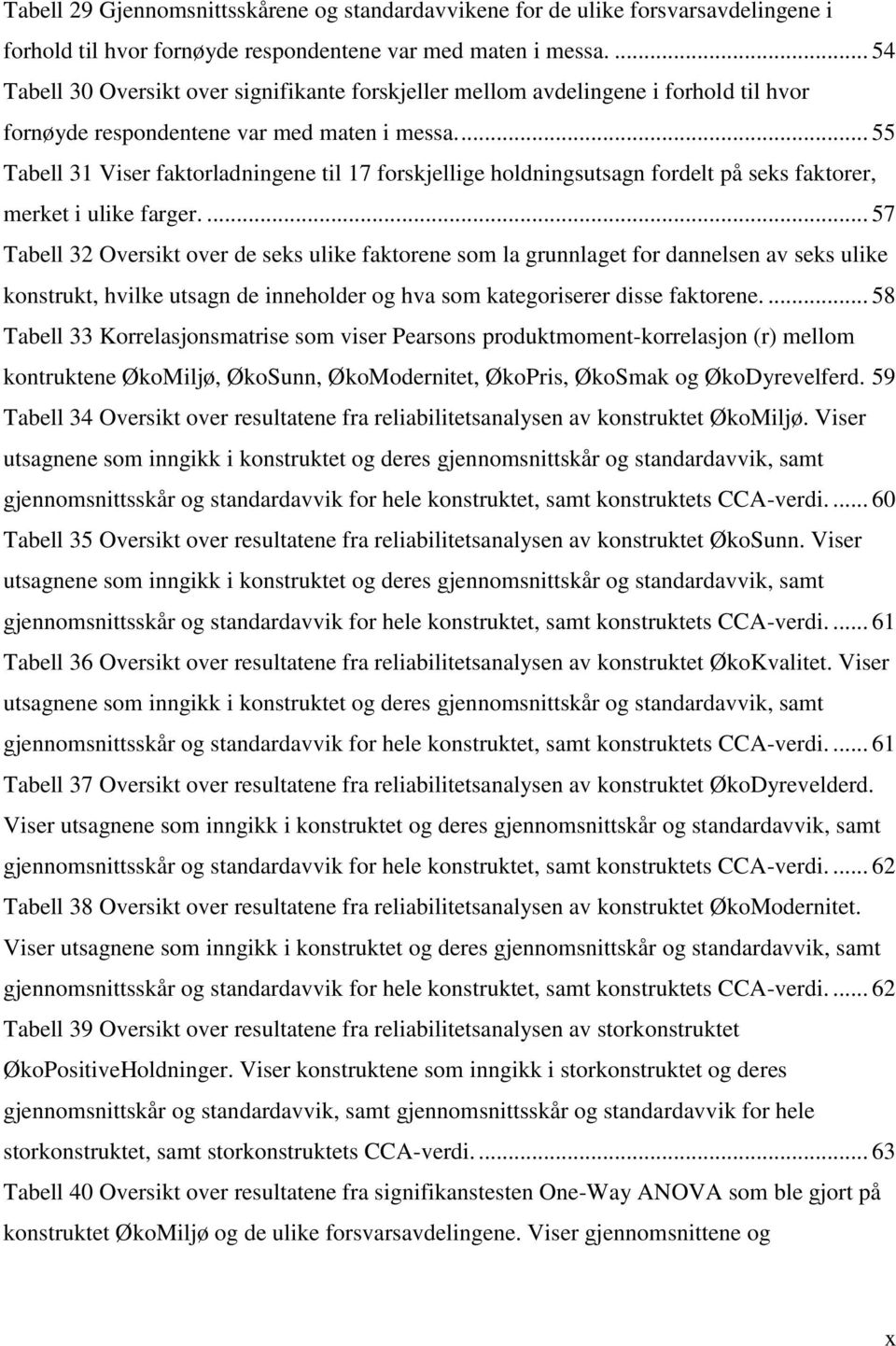 ... 55 Tabell 31 Viser faktorladningene til 17 forskjellige holdningsutsagn fordelt på seks faktorer, merket i ulike farger.