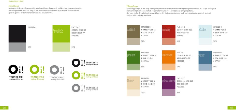 Tilleggsfarger Som tilleggsfarger er det valgt tydelige farger som er avpasset til hovedfargene og som vil bidra til å skape en fargerik, men samtidig harmonisk helhet.