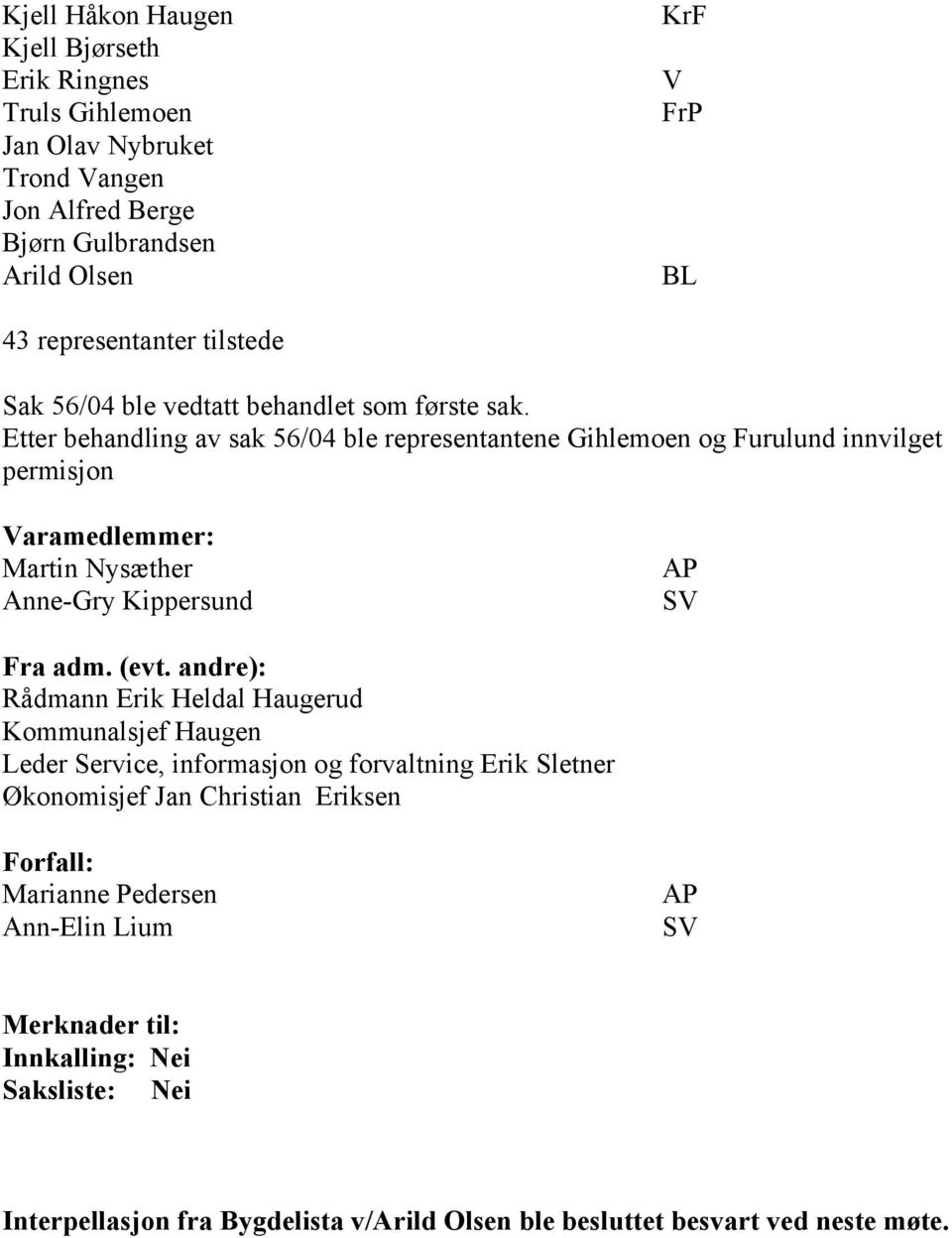 Etter behandling av sak 56/04 ble representantene Gihlemoen og Furulund innvilget permisjon Varamedlemmer: Martin Nysæther Anne-Gry Kippersund AP SV Fra adm. (evt.