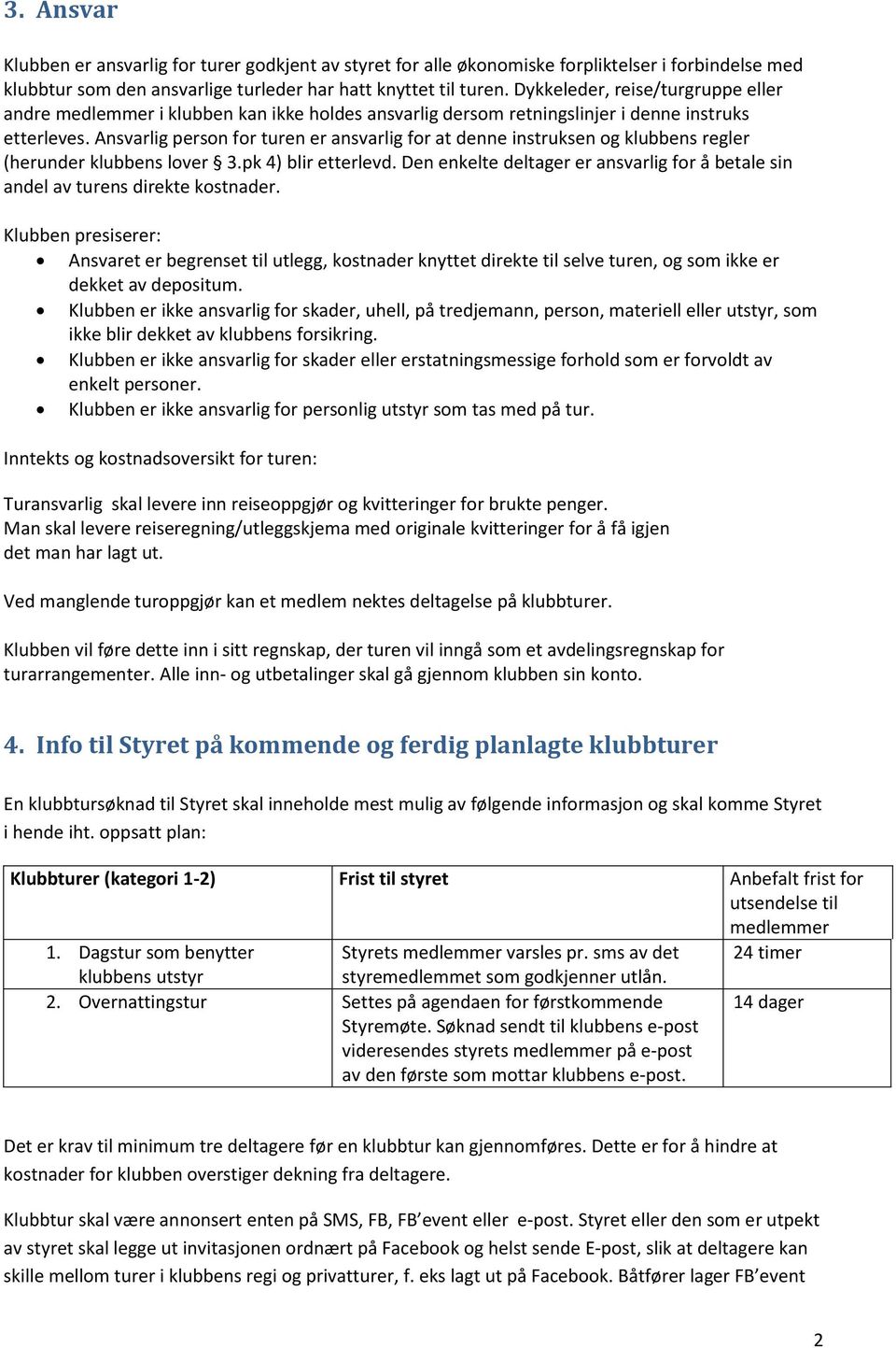 Ansvarlig person for turen er ansvarlig for at denne instruksen og klubbens regler (herunder klubbens lover 3.pk 4) blir etterlevd.