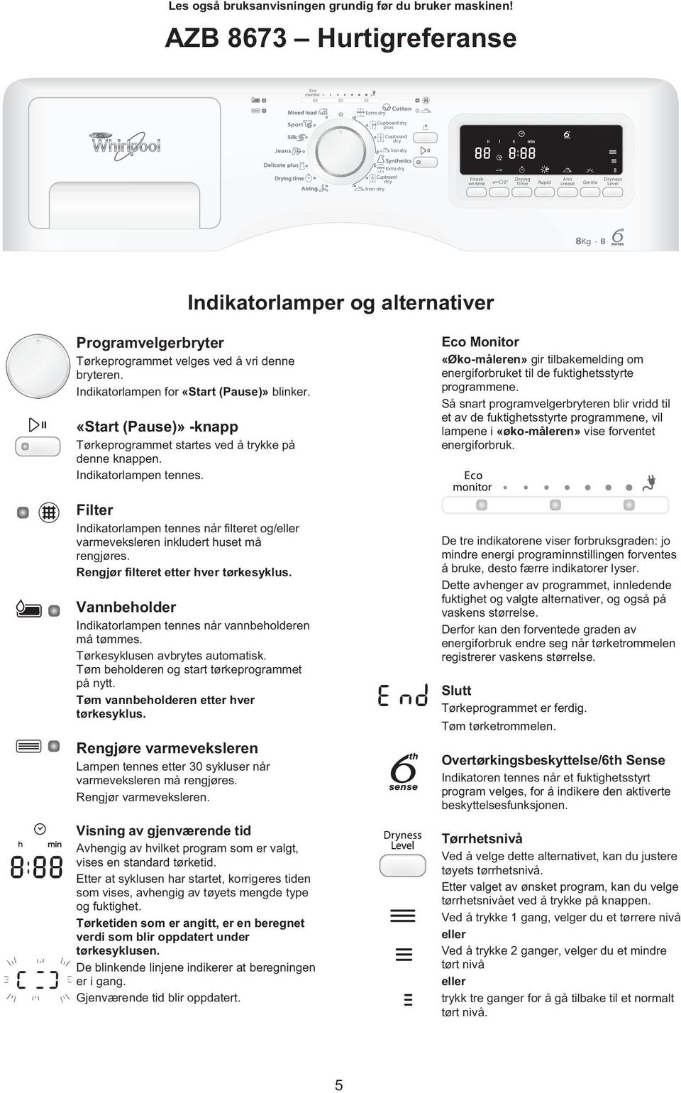 Filter Indikatorlampen tennes når filteret og/eller varmeveksleren inkludert huset må rengjøres. Rengjør filteret etter hver tørkesyklus.