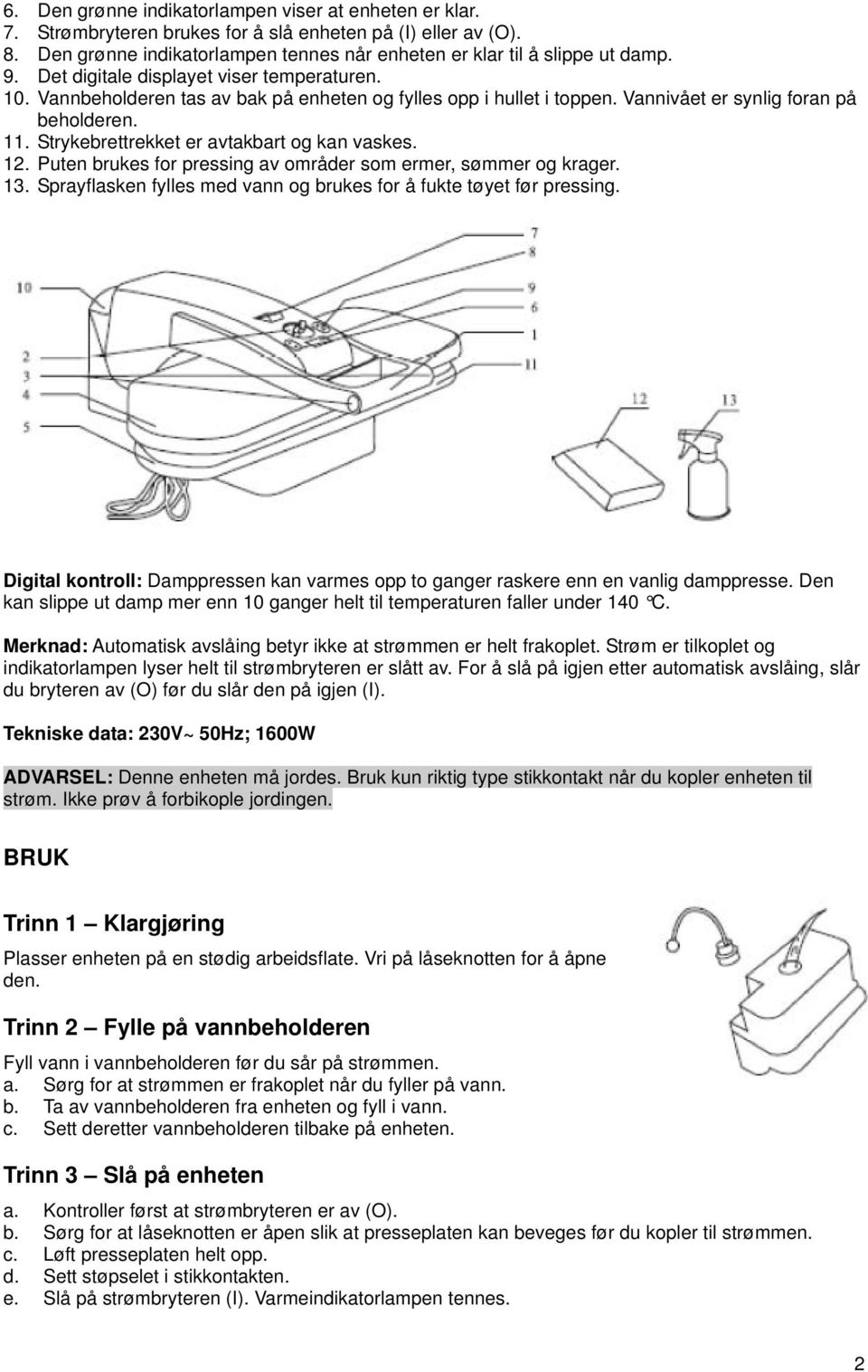 Strykebrettrekket er avtakbart og kan vaskes. 12. Puten brukes for pressing av områder som ermer, sømmer og krager. 13. Sprayflasken fylles med vann og brukes for å fukte tøyet før pressing.