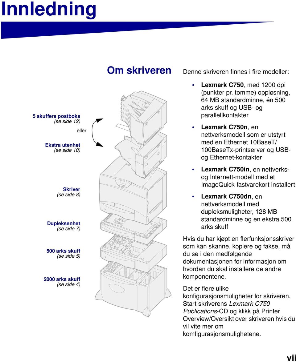 tomme) oppløsning, 64 MB standardminne, én 500 arks skuff og USB- og parallellkontakter Lexmark C750n, en nettverksmodell som er utstyrt med en Ethernet 10BaseT/ 100BaseTx-printserver og USBog