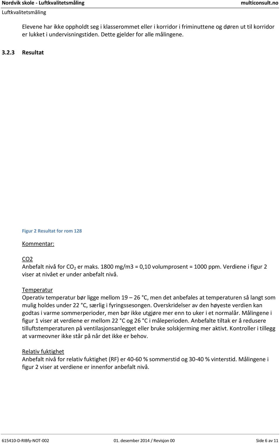 3 Resultat Figur 2 Resultat for rom 128 Kommentar: CO2 Anbefalt nivå for CO 2 er maks. 1800 mg/m3 = 0,10 volumprosent = 1000 ppm. Verdiene i figur 2 viser at nivået er under anbefalt nivå.