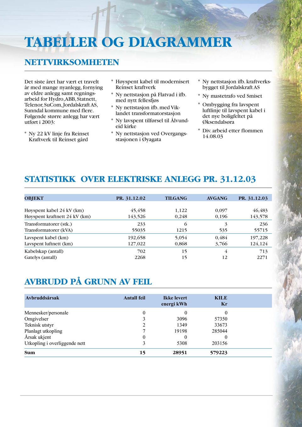 Følgende større anlegg har vært utført i 2003: *Ny 22 kv linje fra Reinset Kraftverk til Reinset gård *Høyspent kabel til modernisert Reinset kraftverk *Ny nettstasjon på Flatvad i ifb.