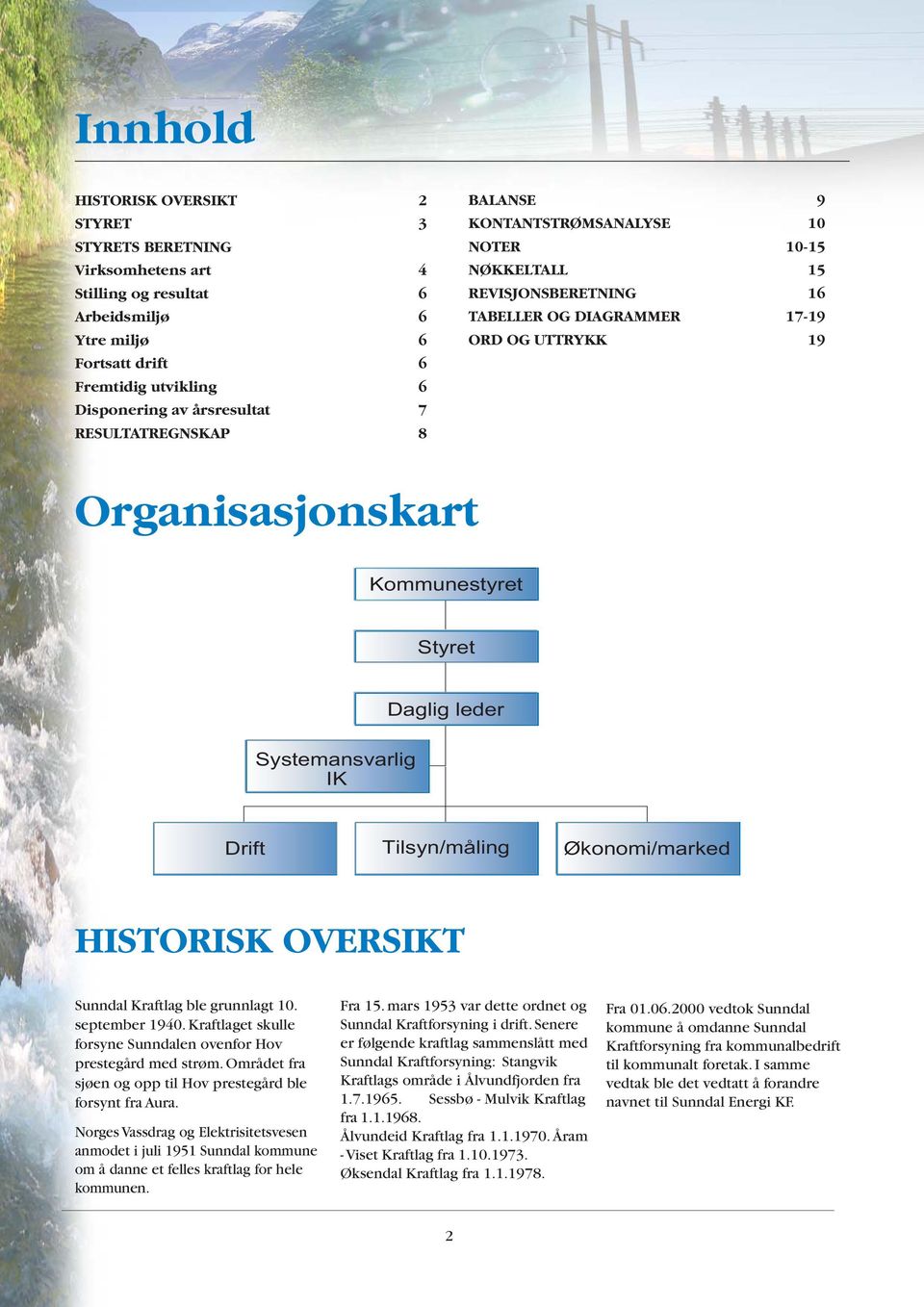 Systemansvarlig IK Drift Tilsyn/måling Økonomi/marked HISTORISK OVERSIKT Sunndal Kraftlag ble grunnlagt 10. september 1940. Kraftlaget skulle forsyne Sunndalen ovenfor Hov prestegård med strøm.