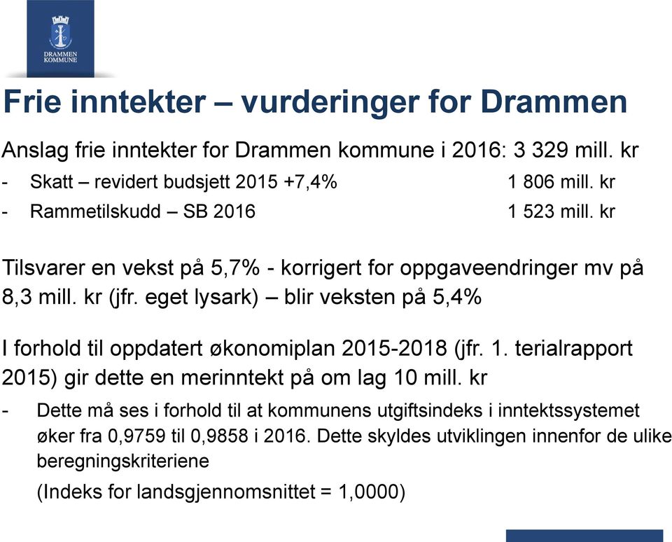 eget lysark) blir veksten på 5,4% I frhld til ppdatert øknmiplan 2015-2018 (jfr. 1. terialrapprt 2015) gir dette en merinntekt på m lag 10 mill.