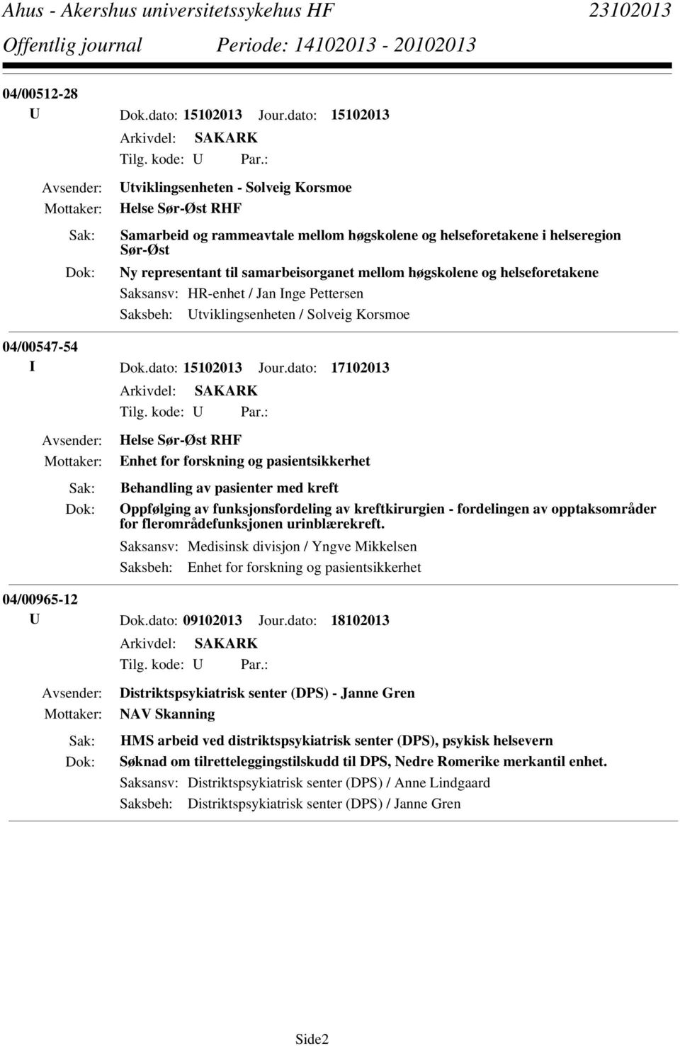 helseforetakene Saksansv: HR-enhet / Jan Inge Pettersen Saksbeh: Utviklingsenheten / Solveig Korsmoe 04/00547-54 I Dok.dato: 15102013 Jour.dato: 17102013 Tilg. kode: U Par.