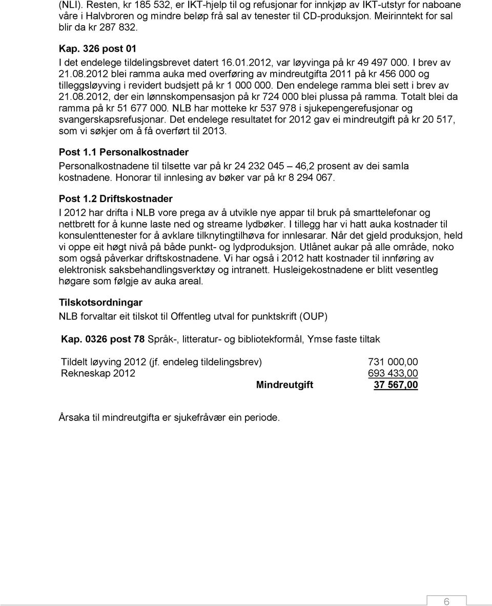 2012 blei ramma auka med overføring av mindreutgifta 2011 på kr 456 000 og tilleggsløyving i revidert budsjett på kr 1 000 000. Den endelege ramma blei sett i brev av 21.08.