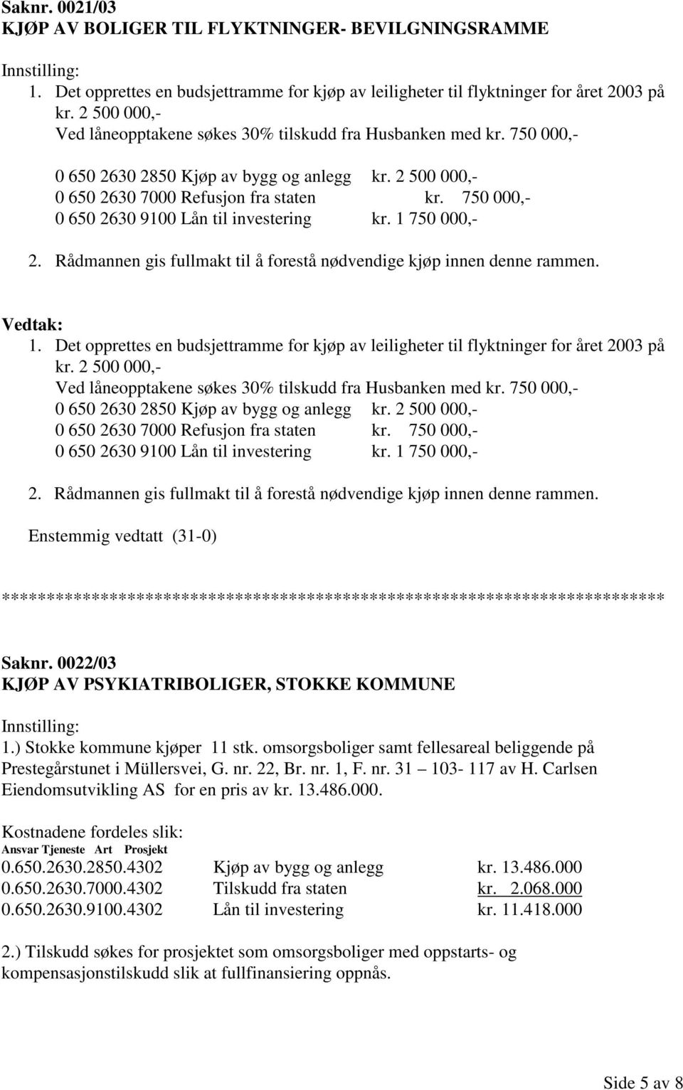 750 000,- 0 650 2630 9100 Lån til investering kr. 1 750 000,- 2. Rådmannen gis fullmakt til å forestå nødvendige kjøp innen denne rammen. 1. Det opprettes en budsjettramme for kjøp av leiligheter til flyktninger for året 2003 på kr.