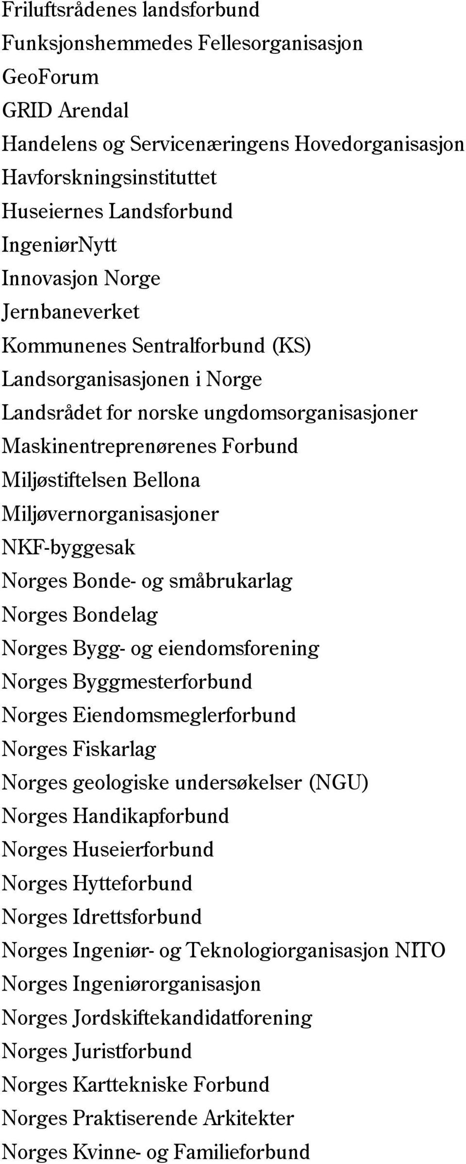 Miljøvernorganisasjoner NKF-byggesak Norges Bonde- og småbrukarlag Norges Bondelag Norges Bygg- og eiendomsforening Norges Byggmesterforbund Norges Eiendomsmeglerforbund Norges Fiskarlag Norges