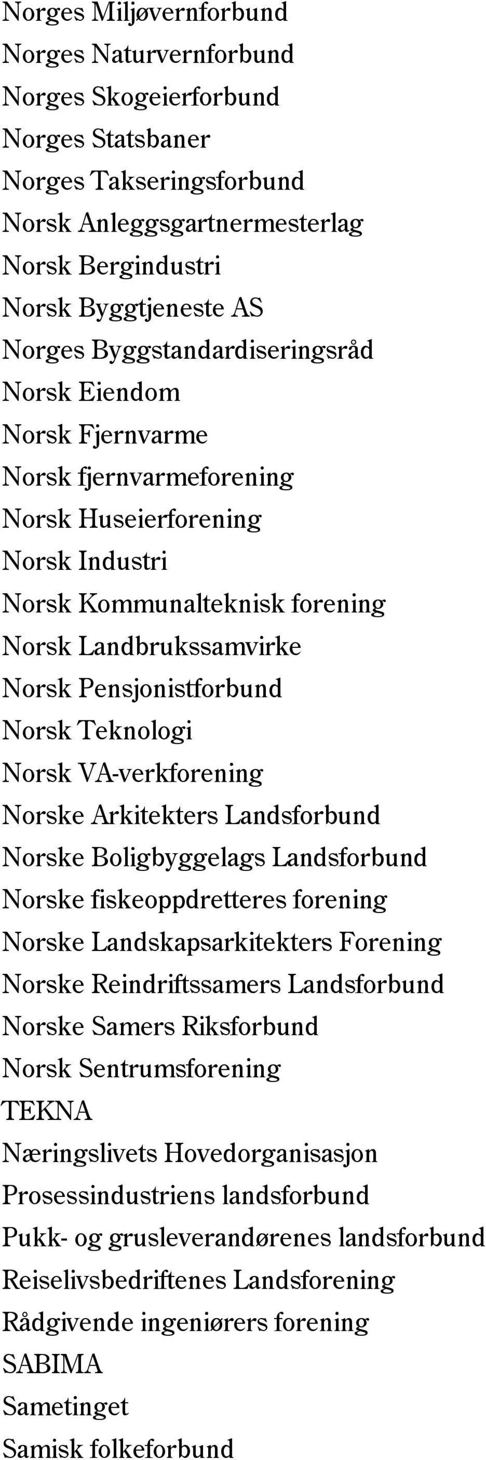 Norsk Teknologi Norsk VA-verkforening Norske Arkitekters Landsforbund Norske Boligbyggelags Landsforbund Norske fiskeoppdretteres forening Norske Landskapsarkitekters Forening Norske Reindriftssamers