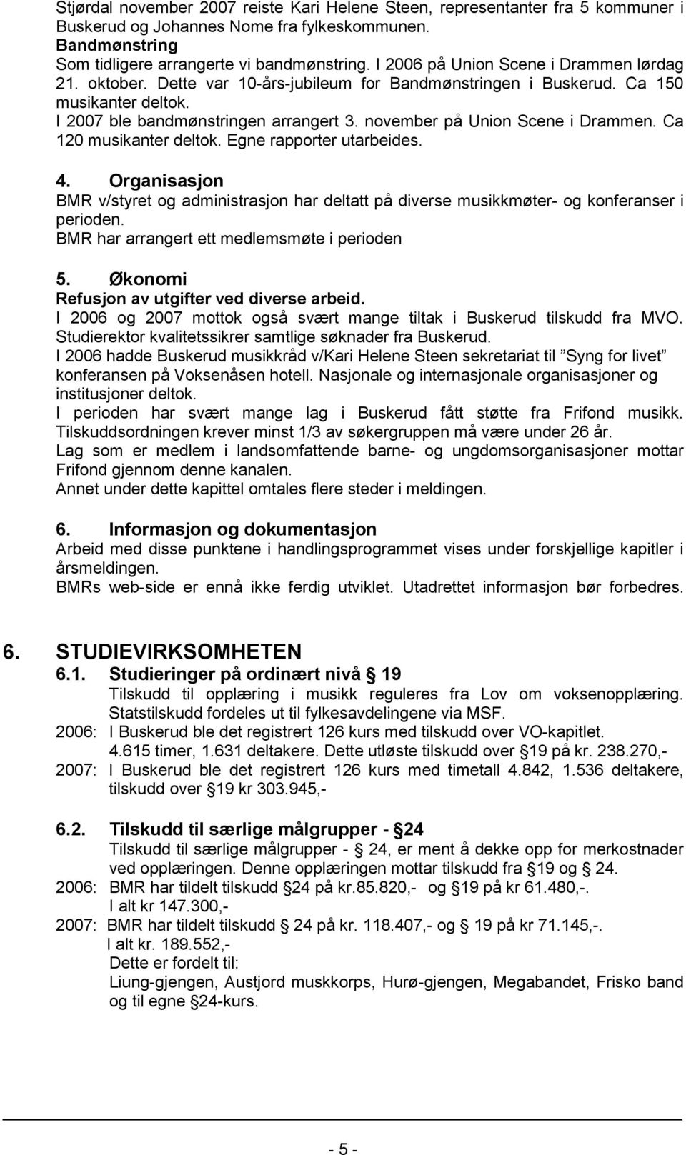 november på Union Scene i Drammen. Ca 120 musikanter deltok. Egne rapporter utarbeides. 4. Organisasjon BMR v/styret og administrasjon har deltatt på diverse musikkmøter- og konferanser i perioden.