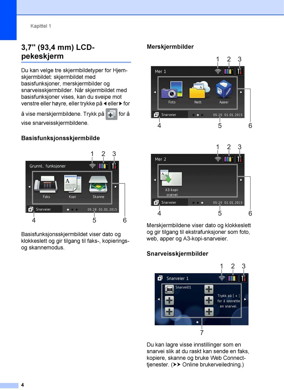 for å Merskjermbilder 2 3 4 5 6 Basisfunksjonsskjermbilde 2 3 2 3 4 Basisfunksjonsskjermbildet viser dato og klokkeslett og gir tilgang til faks-, kopieringsog skannemodus.