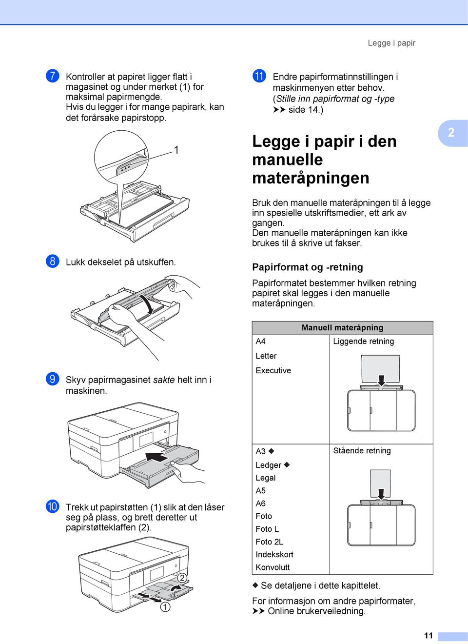 ) Legge i papir i den manuelle materåpningen 2 Bruk den manuelle materåpningen til å legge inn spesielle utskriftsmedier, ett ark av gangen.