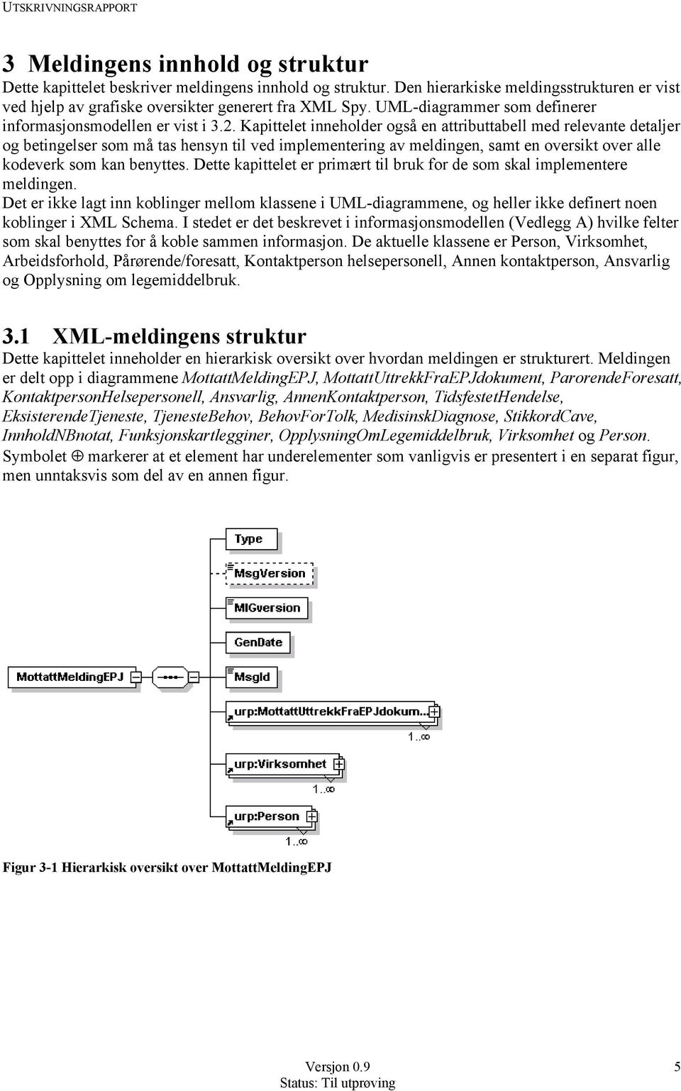 Kapittelet inneholder også en attributtabell med relevante detaljer og betingelser som må tas hensyn til ved implementering av meldingen, samt en oversikt over alle kodeverk som kan benyttes.